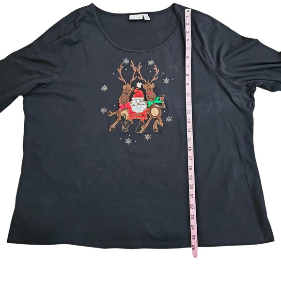 Kim Rogers 3X Black Christmas Santa Reindeer Shirt Embroidered Holiday Top - Picture 6 of 7